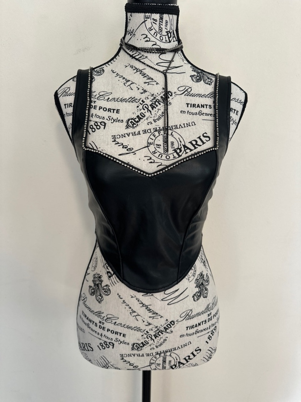 Black Faux Leather Corset with rhinestone accents Tank Top